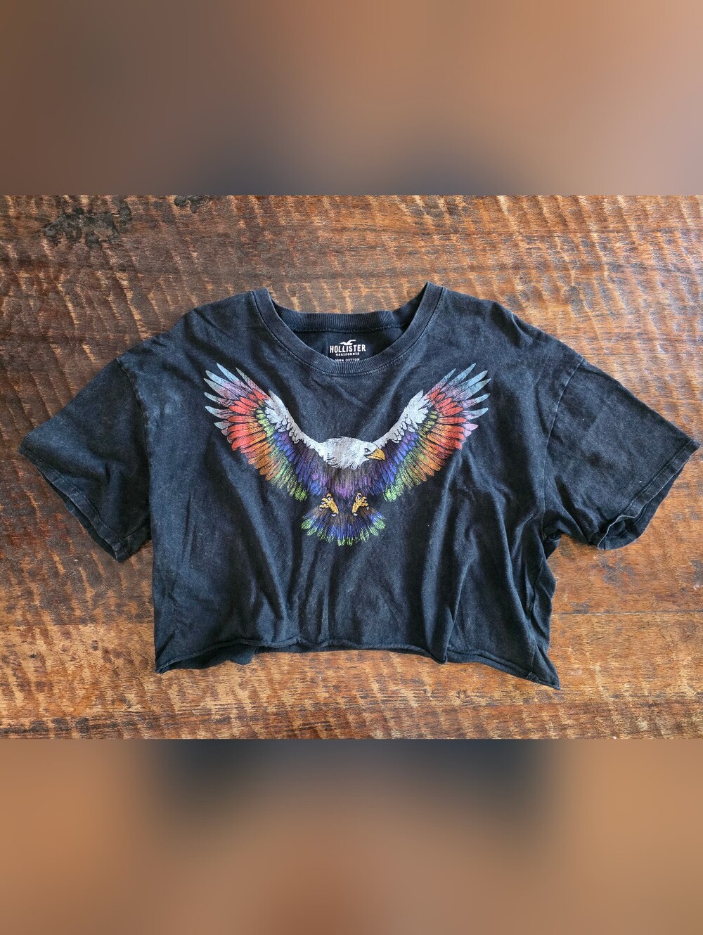 Hollister Black Cropped Tee with Rainbow Eagle Graphic